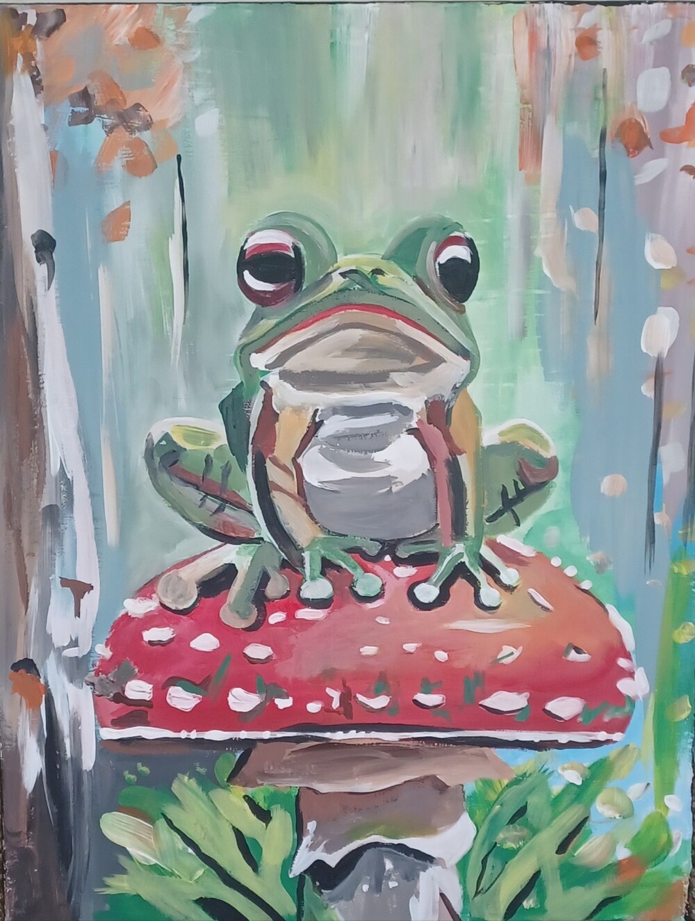 Original Acrylic Painting Whimsical Frog on Red Spotted Mushroom